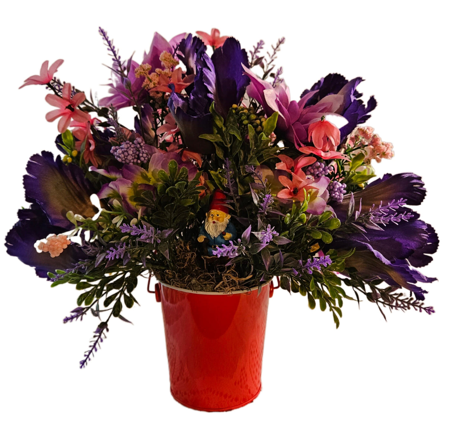 Artificial Floral Arrangement in Round Red Bucket with Gnome