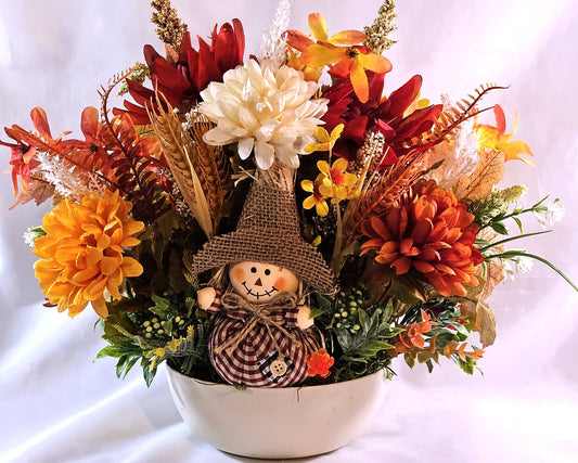 Autumn Fall Flower Arrangement with Scarecrow in a Beige Bowl