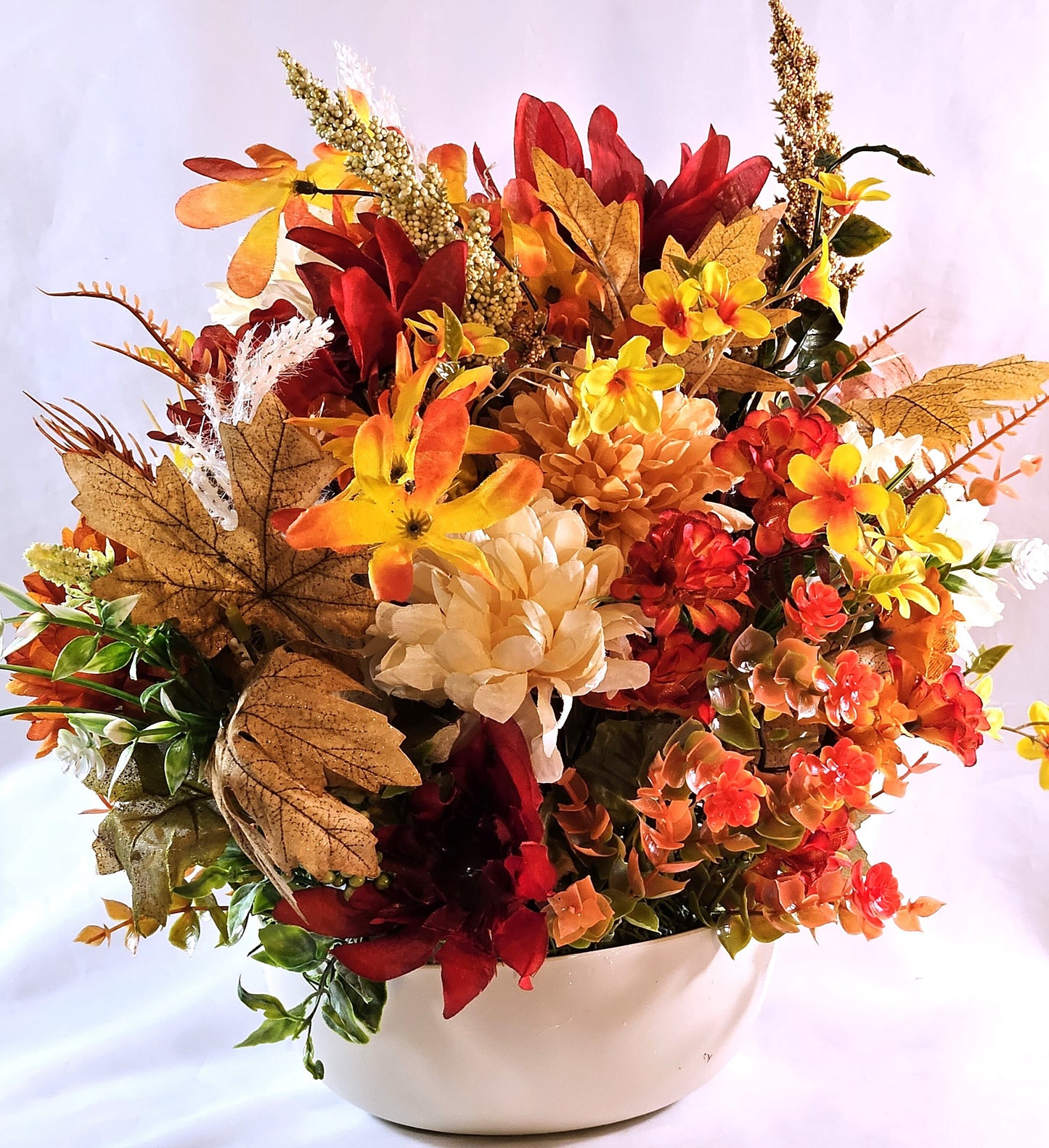 Autumn Fall Flower Arrangement with Scarecrow in a Beige Bowl