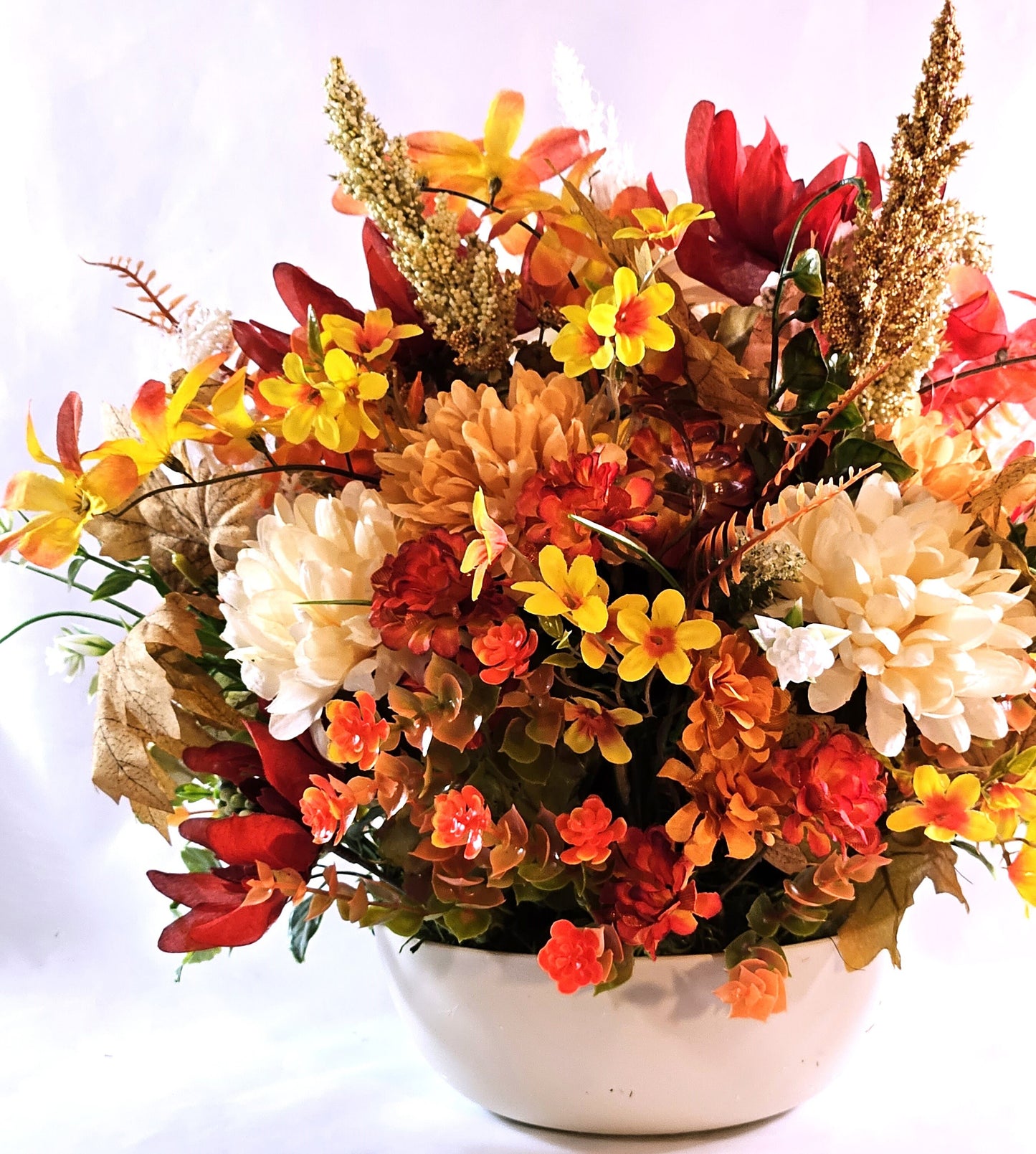 Autumn Fall Flower Arrangement with Scarecrow in a Beige Bowl