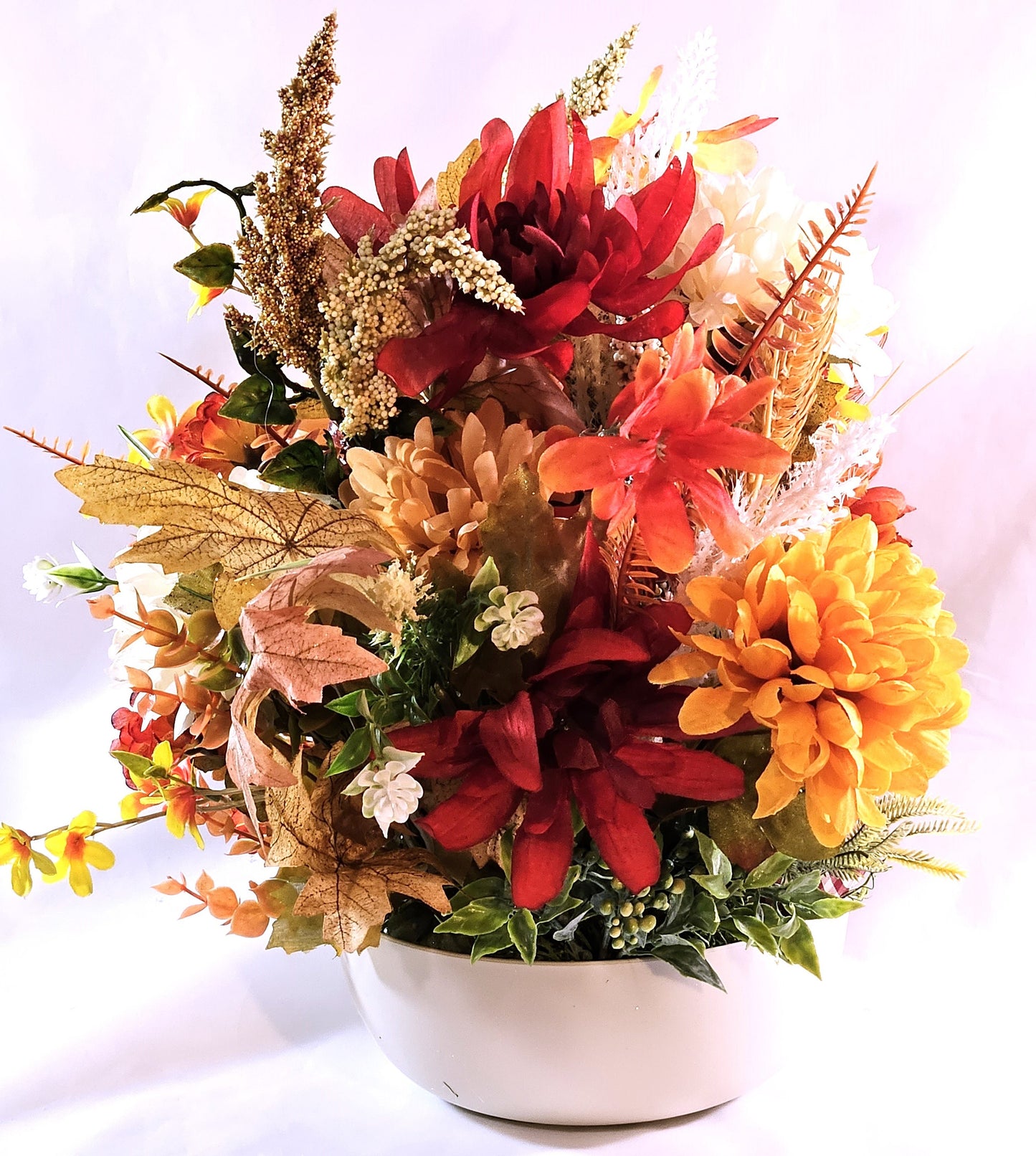 Autumn Fall Flower Arrangement with Scarecrow in a Beige Bowl