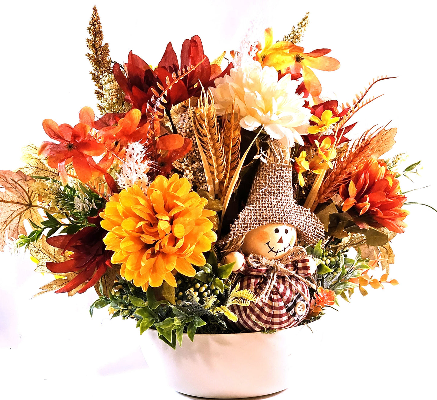 Autumn Fall Flower Arrangement with Scarecrow in a Beige Bowl