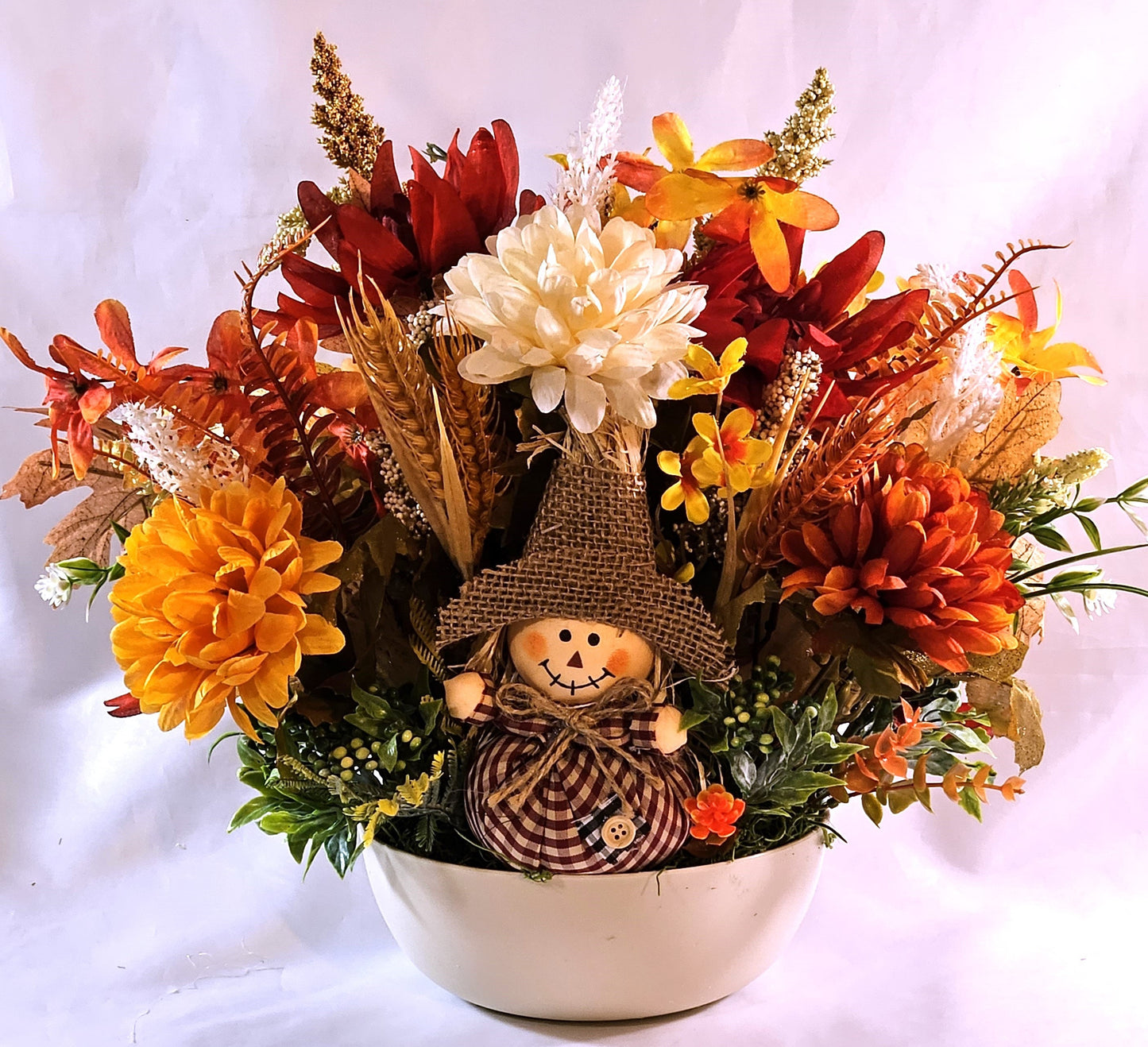 Autumn Fall Flower Arrangement with Scarecrow in a Beige Bowl