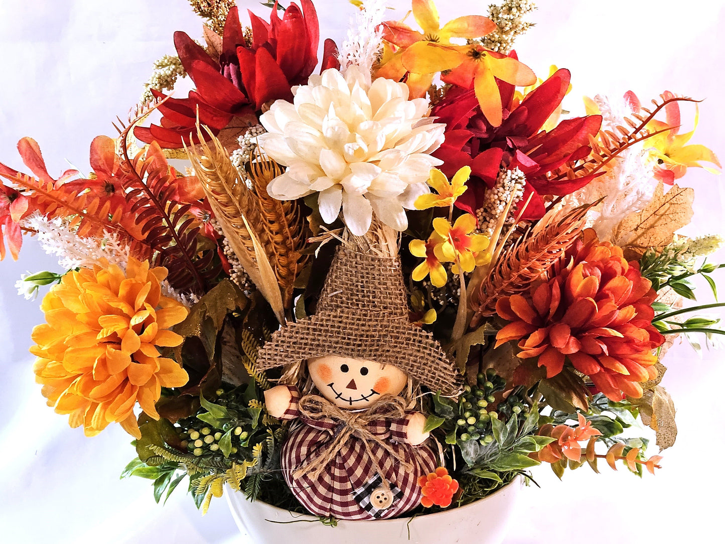 Autumn Fall Flower Arrangement with Scarecrow in a Beige Bowl