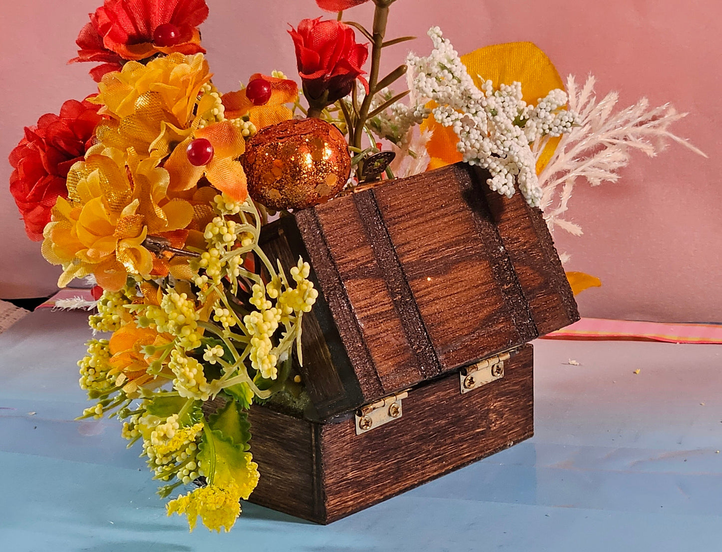 Autumn Fall  Flower Arrangement in a Small Treasure Chest, Great Little Fall Gift