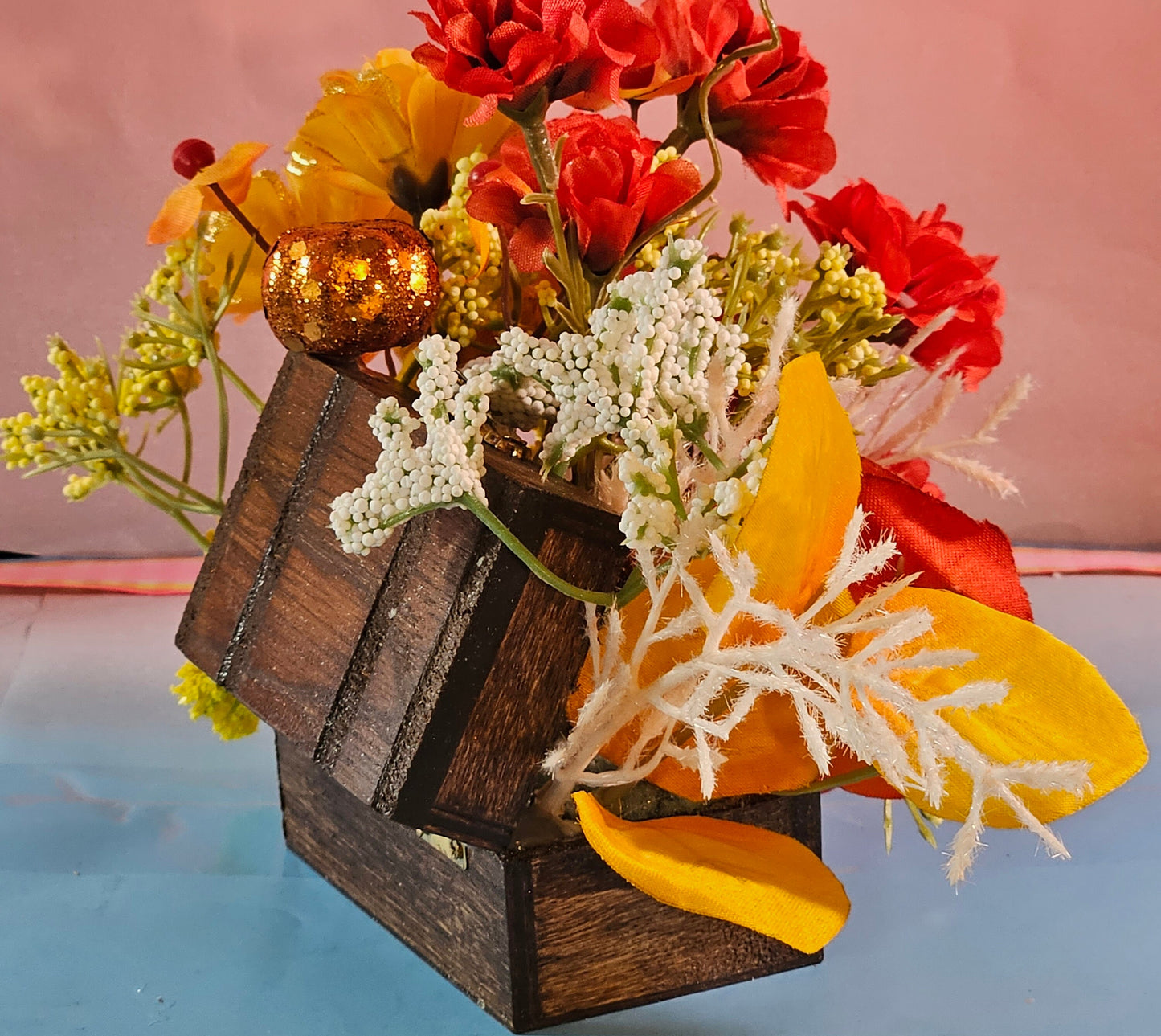 Autumn Fall  Flower Arrangement in a Small Treasure Chest, Great Little Fall Gift