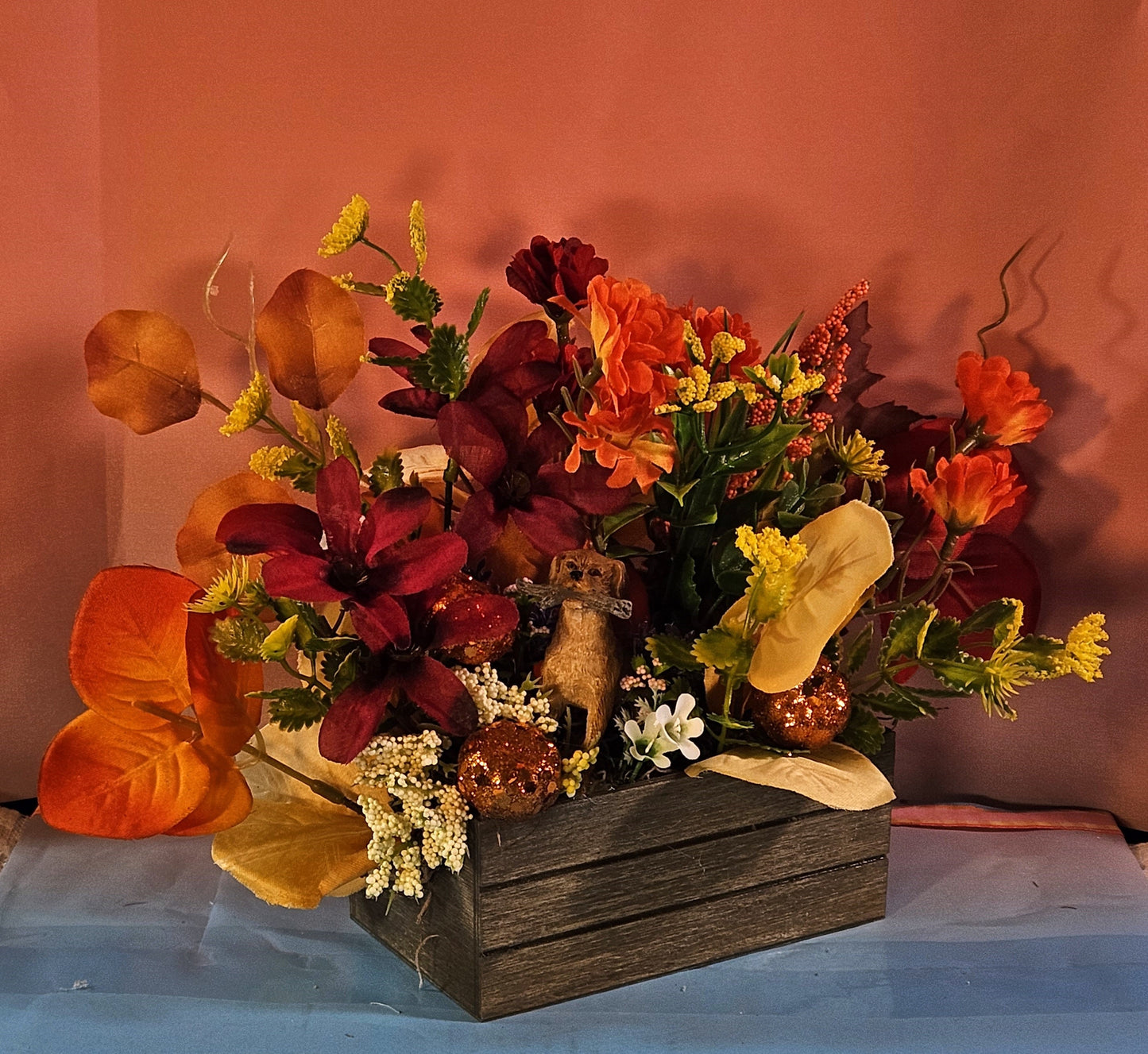 Artificial Flower Arrangement with Retriever Dog