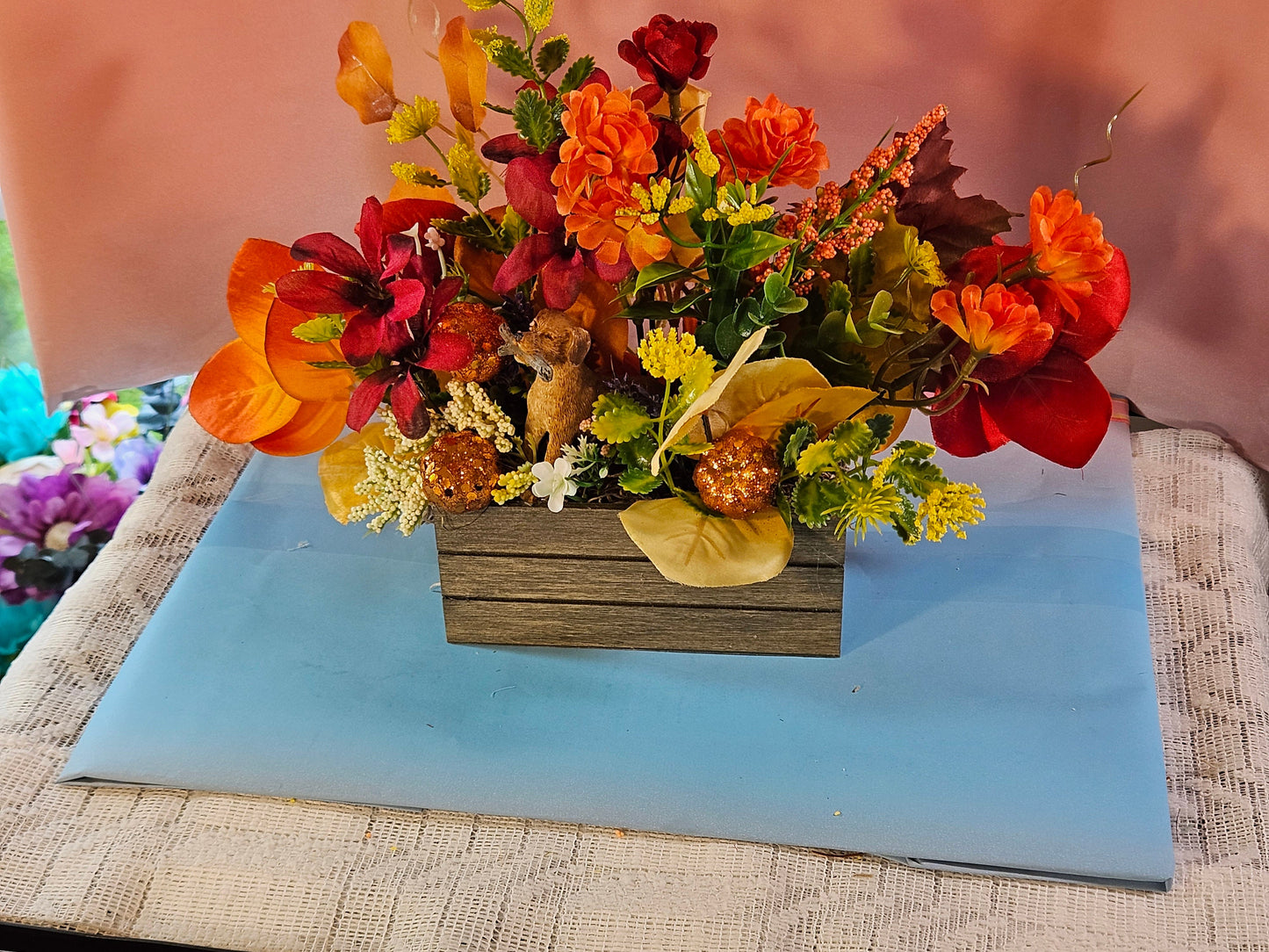 Artificial Flower Arrangement with Retriever Dog