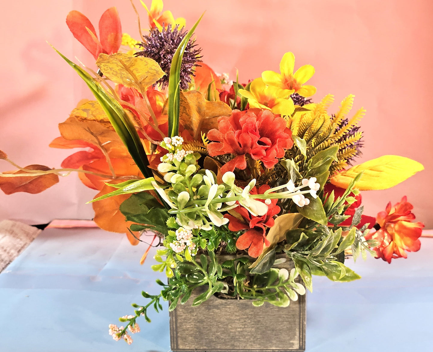 Yorkie Dog Fall Flower Arrangement: Pumpkin Patch Wooden Crate