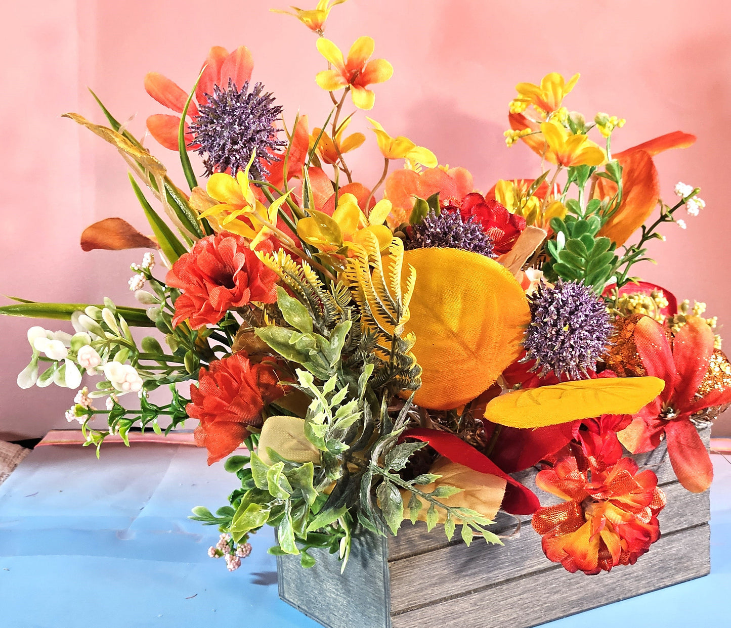 Yorkie Dog Fall Flower Arrangement: Pumpkin Patch Wooden Crate