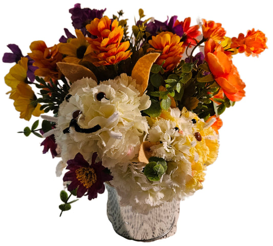 Artificial  White Carnation Cat and Kitten Flower Arrangement in a Rope Bucket