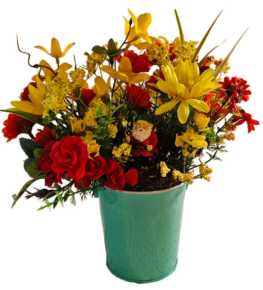 Artificial Flower Arrangement, Round Blue Tin Bucket, Gnome Décor