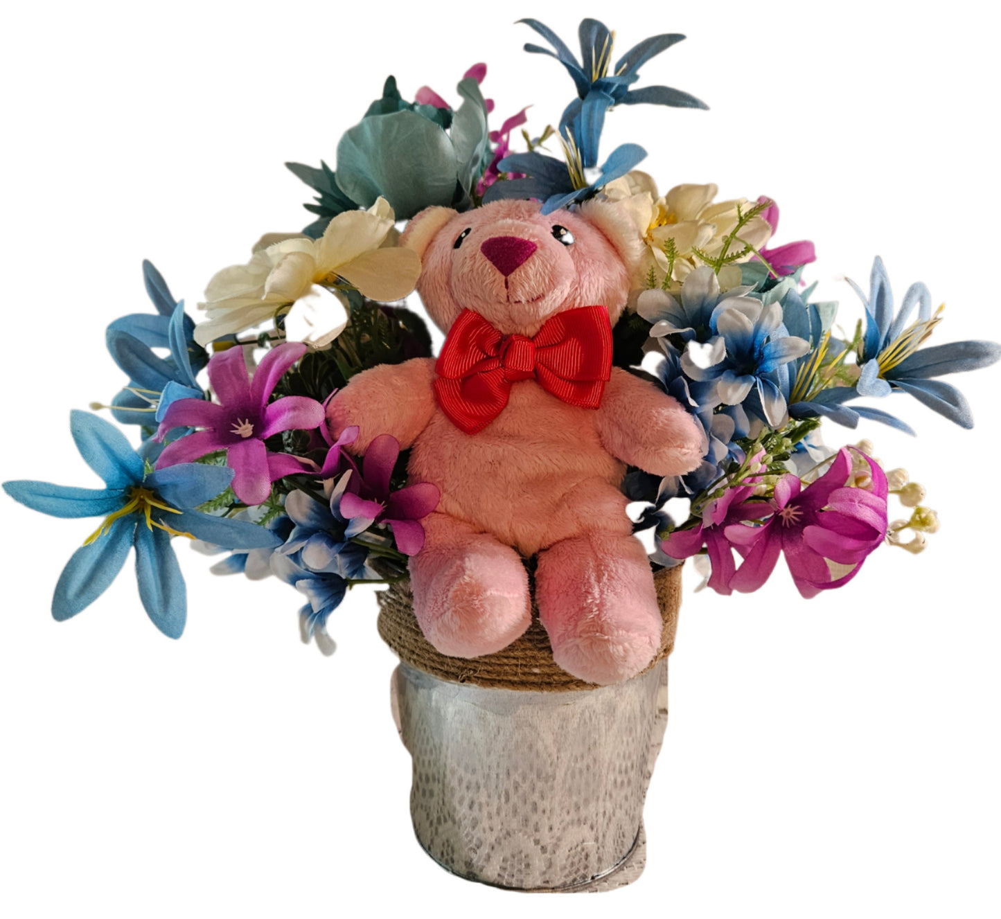 Artificial Flower Arrangement with Teddy Bear Sitting in a Bucket