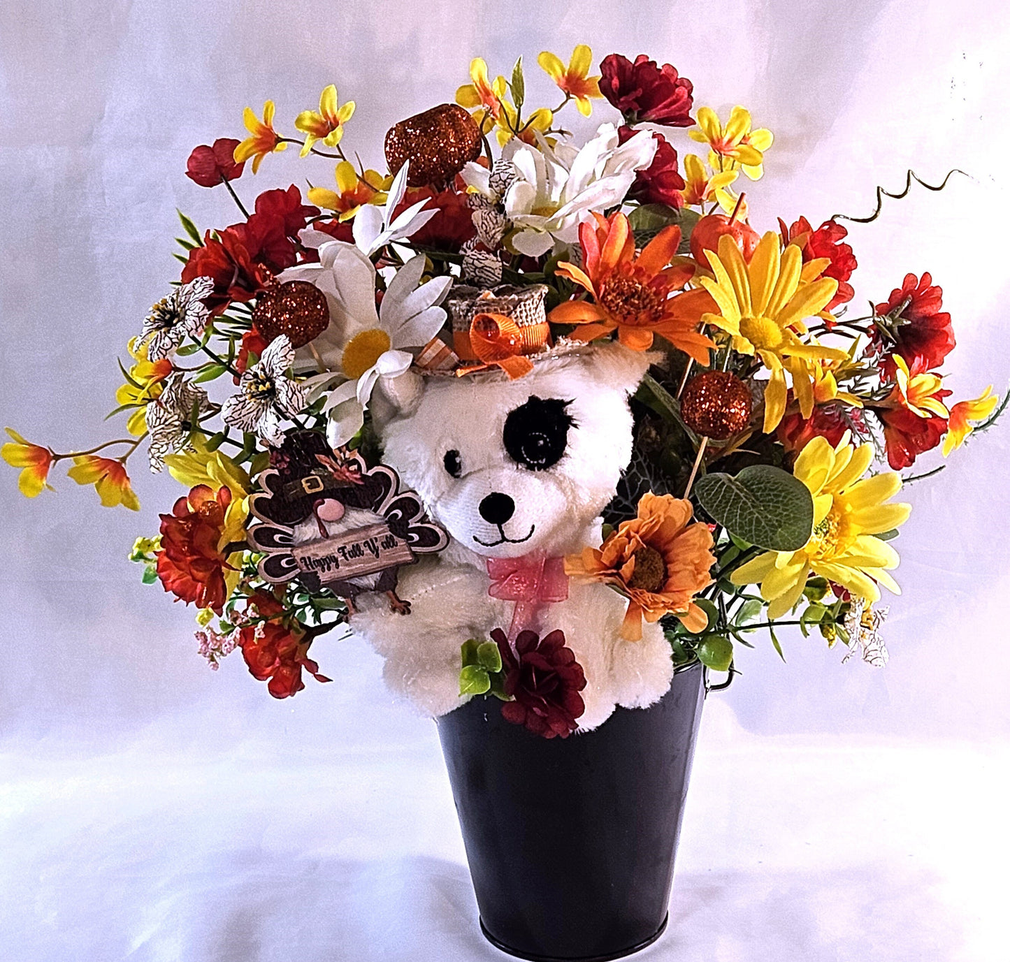 Autumn Fall Flower Arrangement With Cute Puppy Wearing Straw Hat, Sitting in