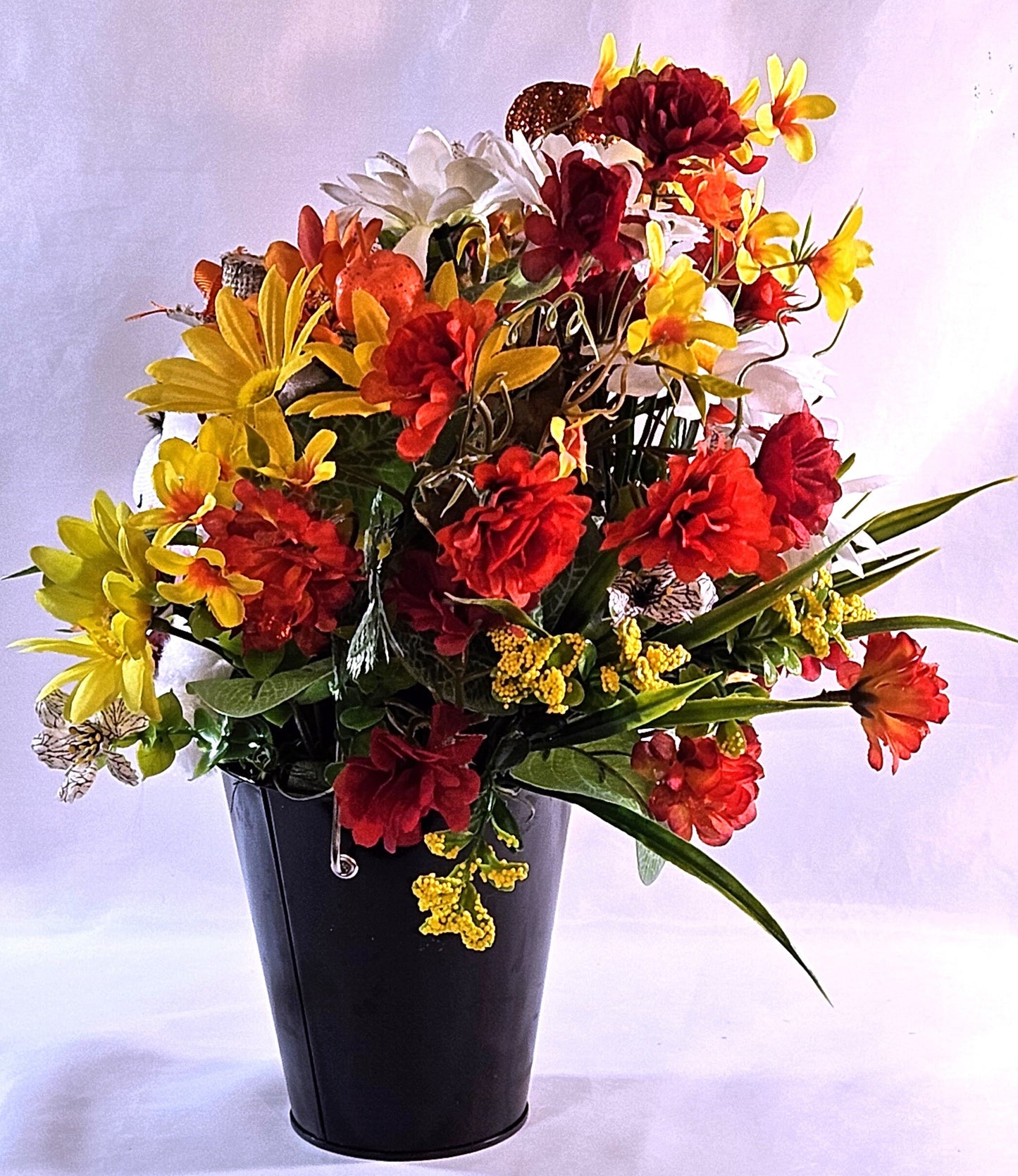 Autumn Fall Flower Arrangement With Cute Puppy Wearing Straw Hat, Sitting in