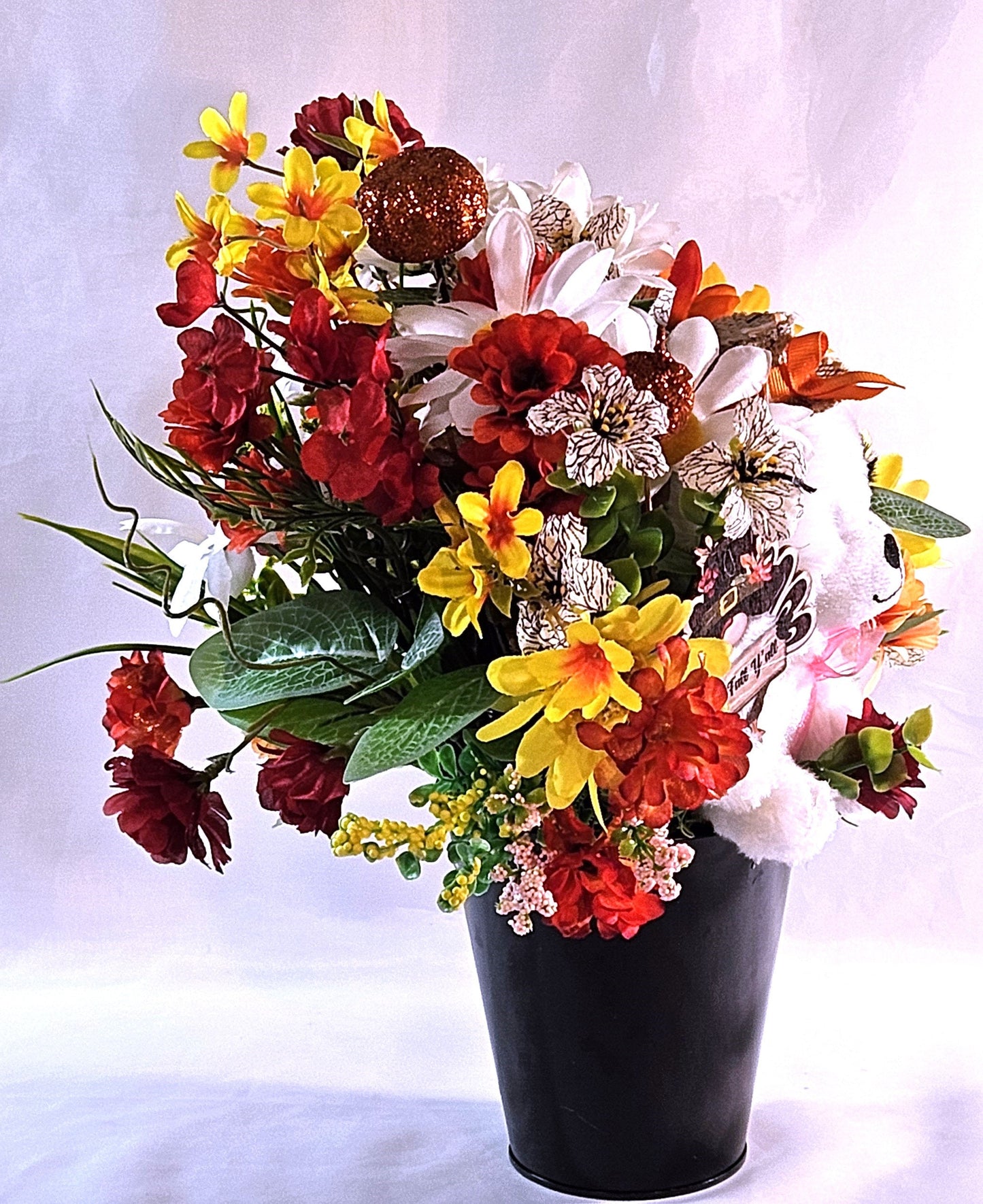 Autumn Fall Flower Arrangement With Cute Puppy Wearing Straw Hat, Sitting in