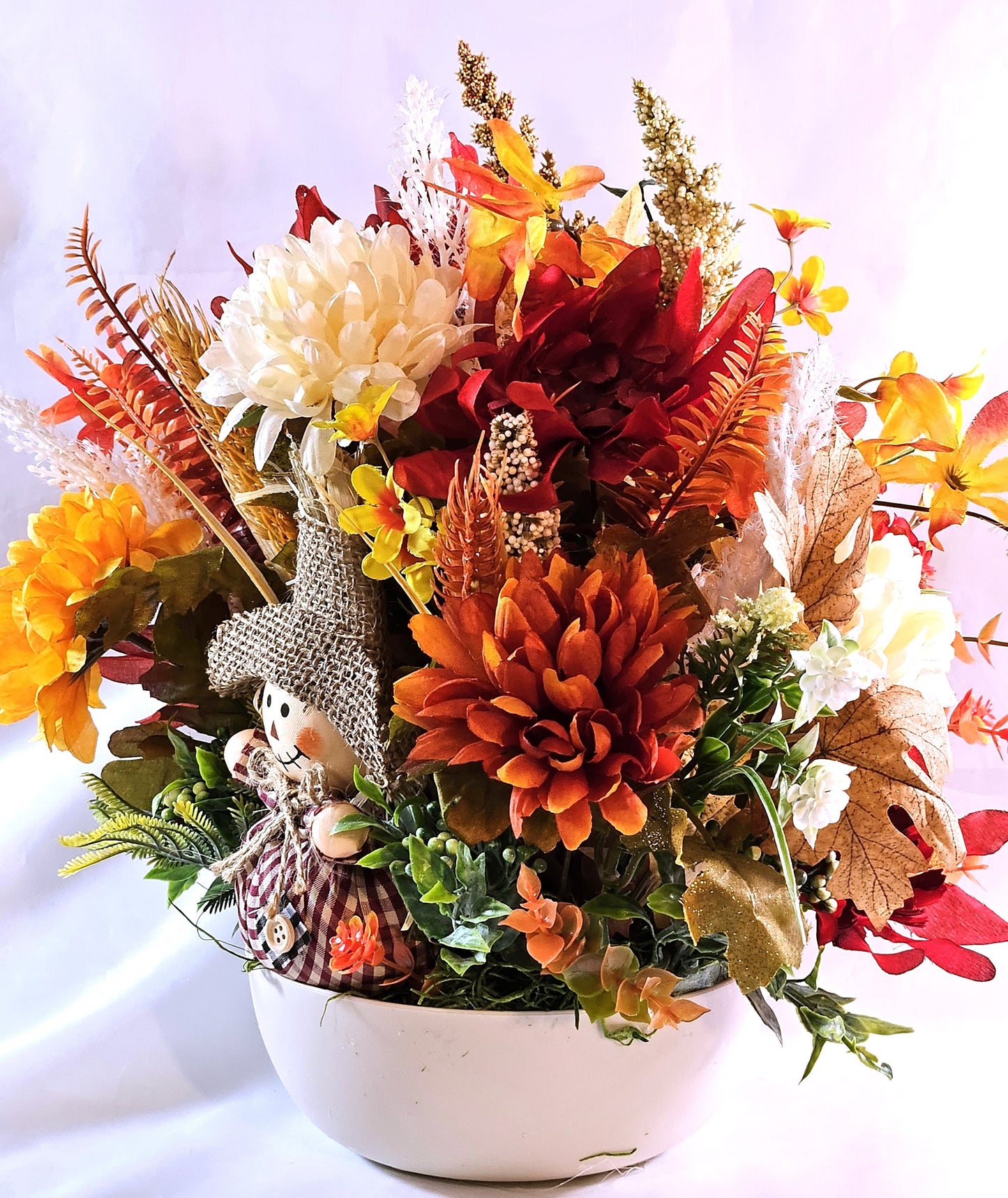 Autumn Fall Flower Arrangement with Scarecrow in a Beige Bowl