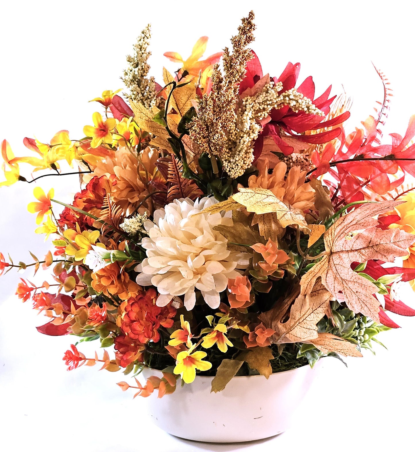 Autumn Fall Flower Arrangement with Scarecrow in a Beige Bowl