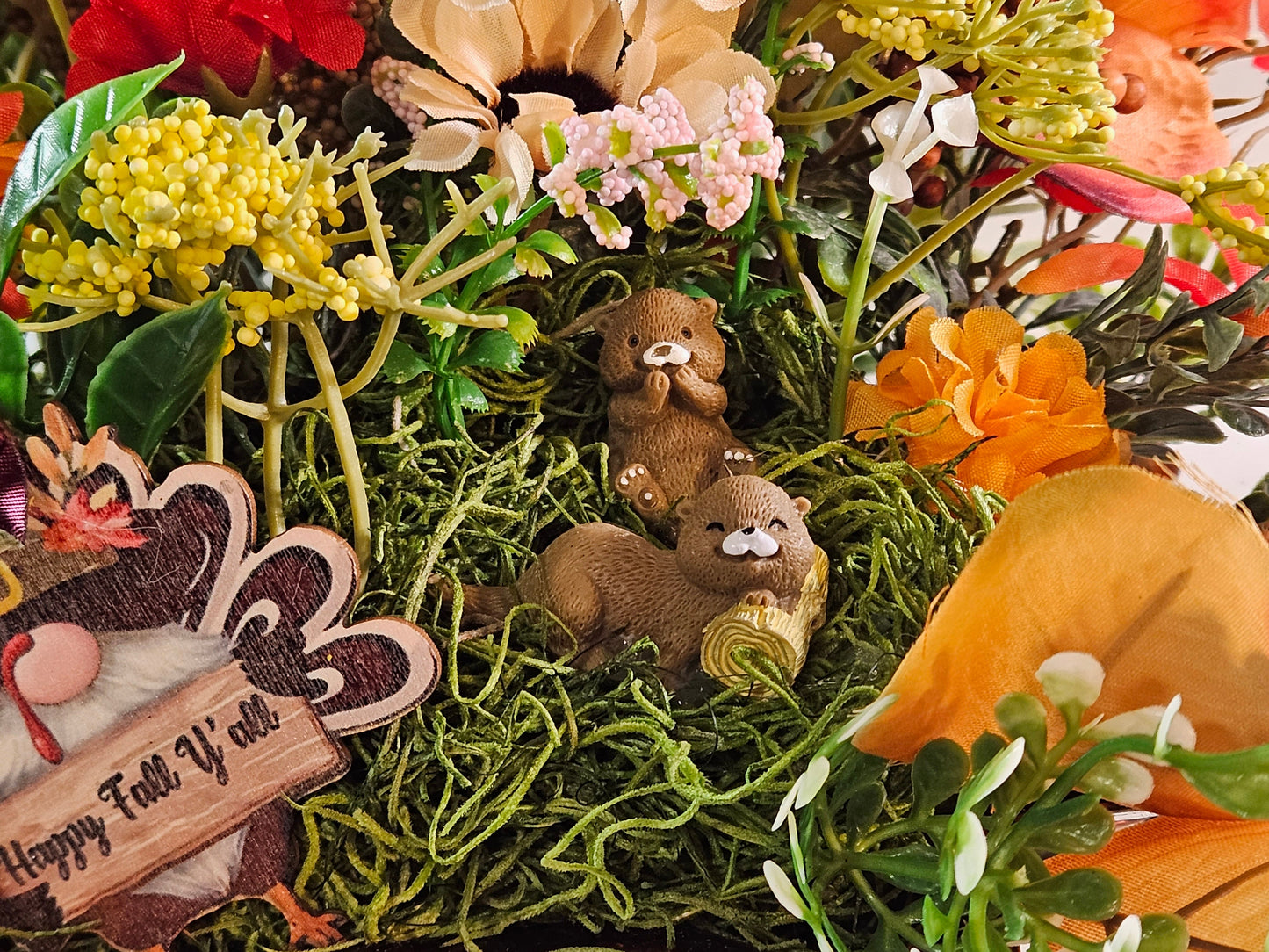 Autumn Fall Garden Arrangement in Maple Leaf Tray with Cute Otters, Great Fall Gift or Home/Office Decor