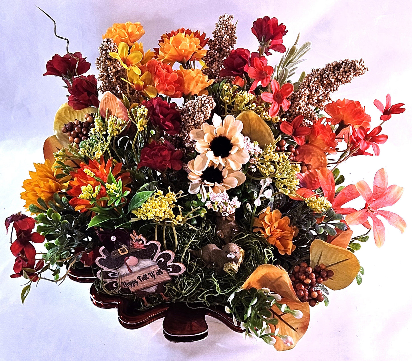Autumn Fall Garden Arrangement in Maple Leaf Tray with Cute Otters, Great Fall Gift or Home/Office Decor