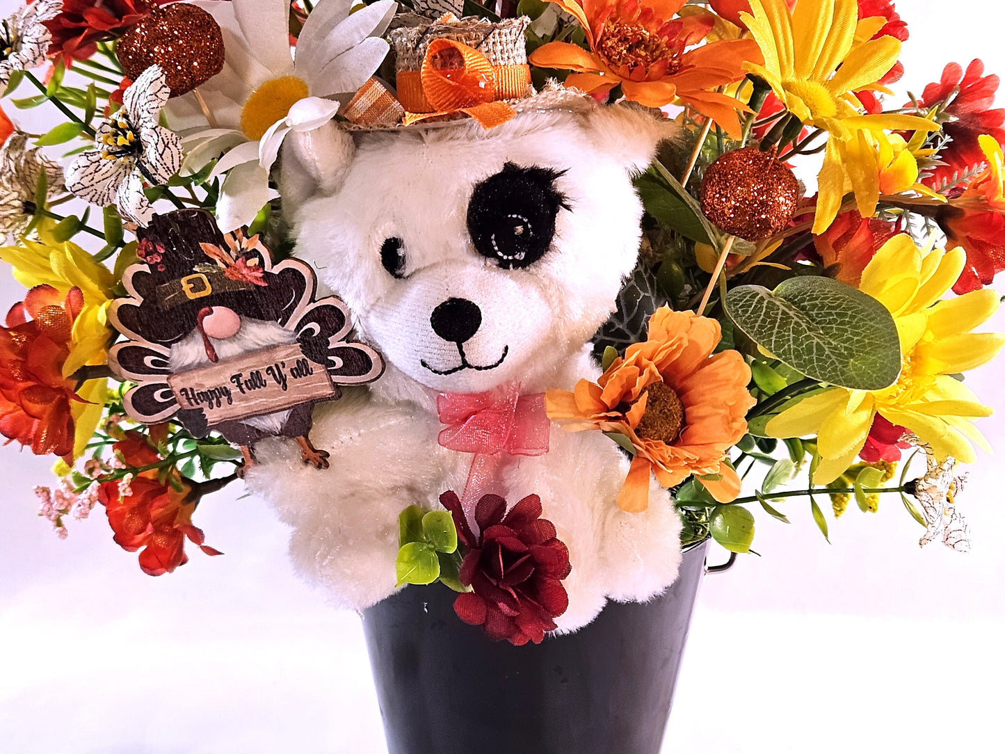 Autumn Fall Flower Arrangement With Cute Puppy Wearing Straw Hat, Sitting in