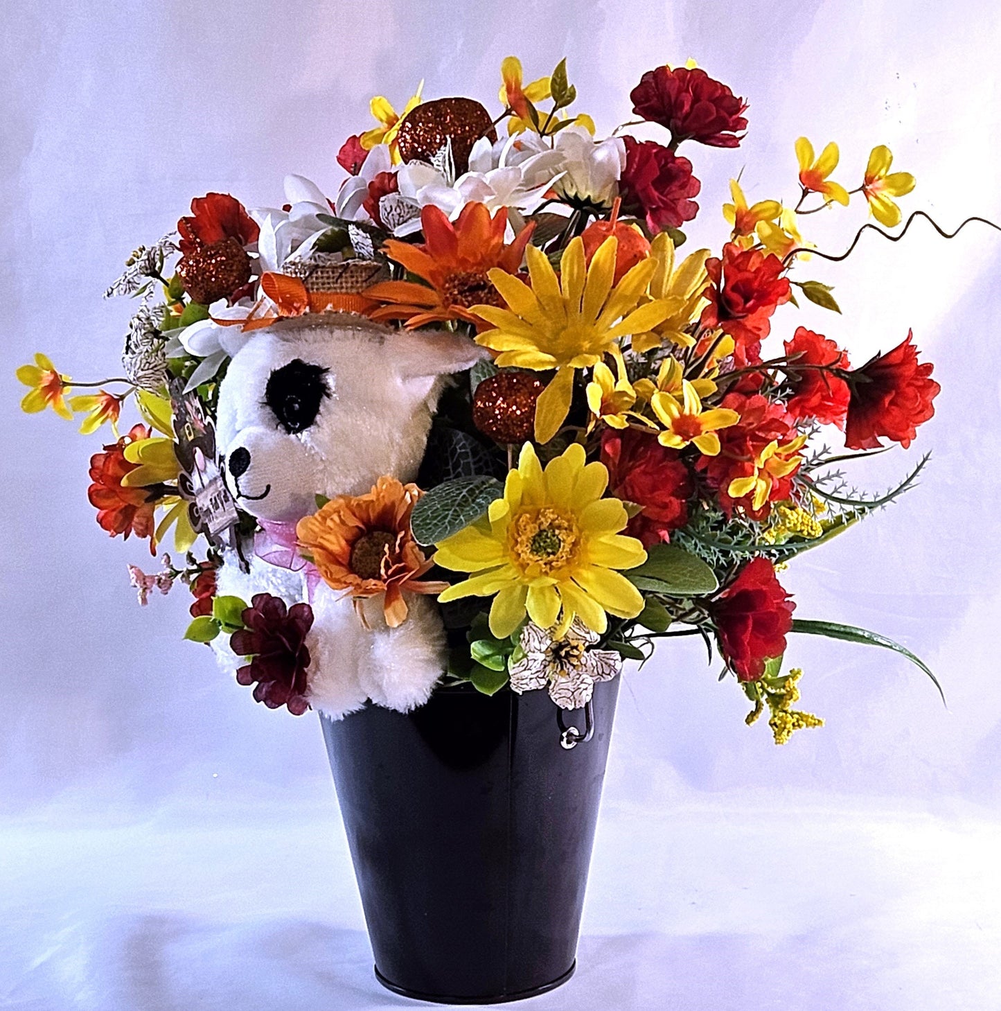 Autumn Fall Flower Arrangement With Cute Puppy Wearing Straw Hat, Sitting in