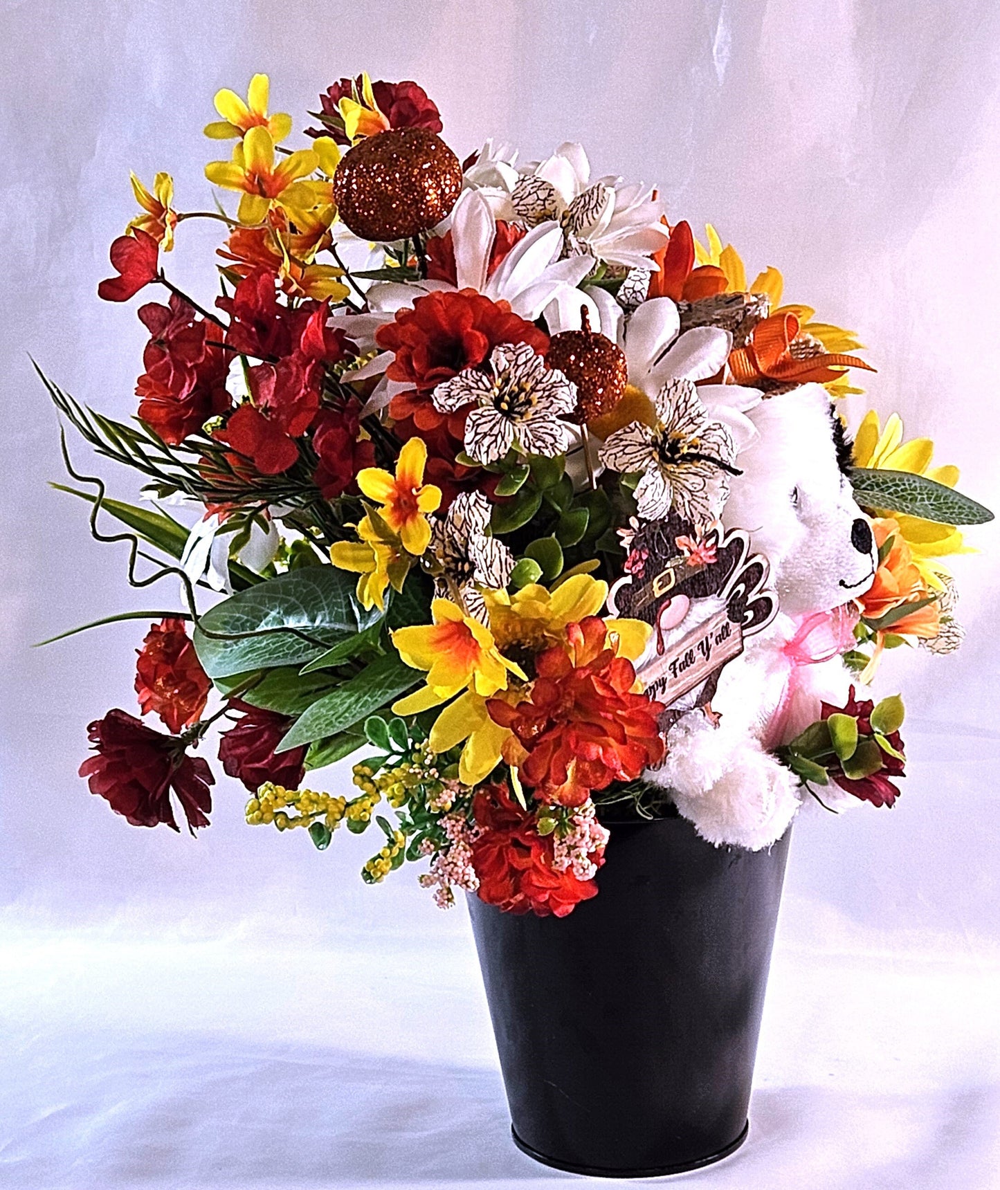 Autumn Fall Flower Arrangement With Cute Puppy Wearing Straw Hat, Sitting in