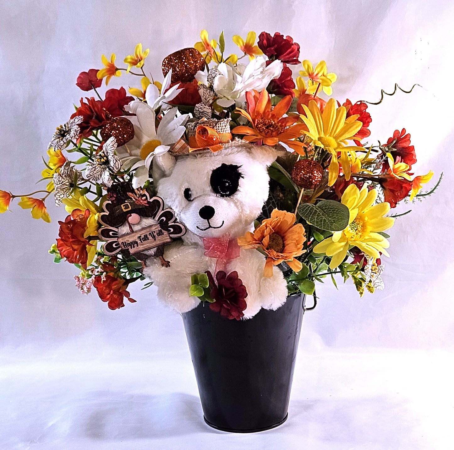 Autumn Fall Flower Arrangement With Cute Puppy Wearing Straw Hat, Sitting in