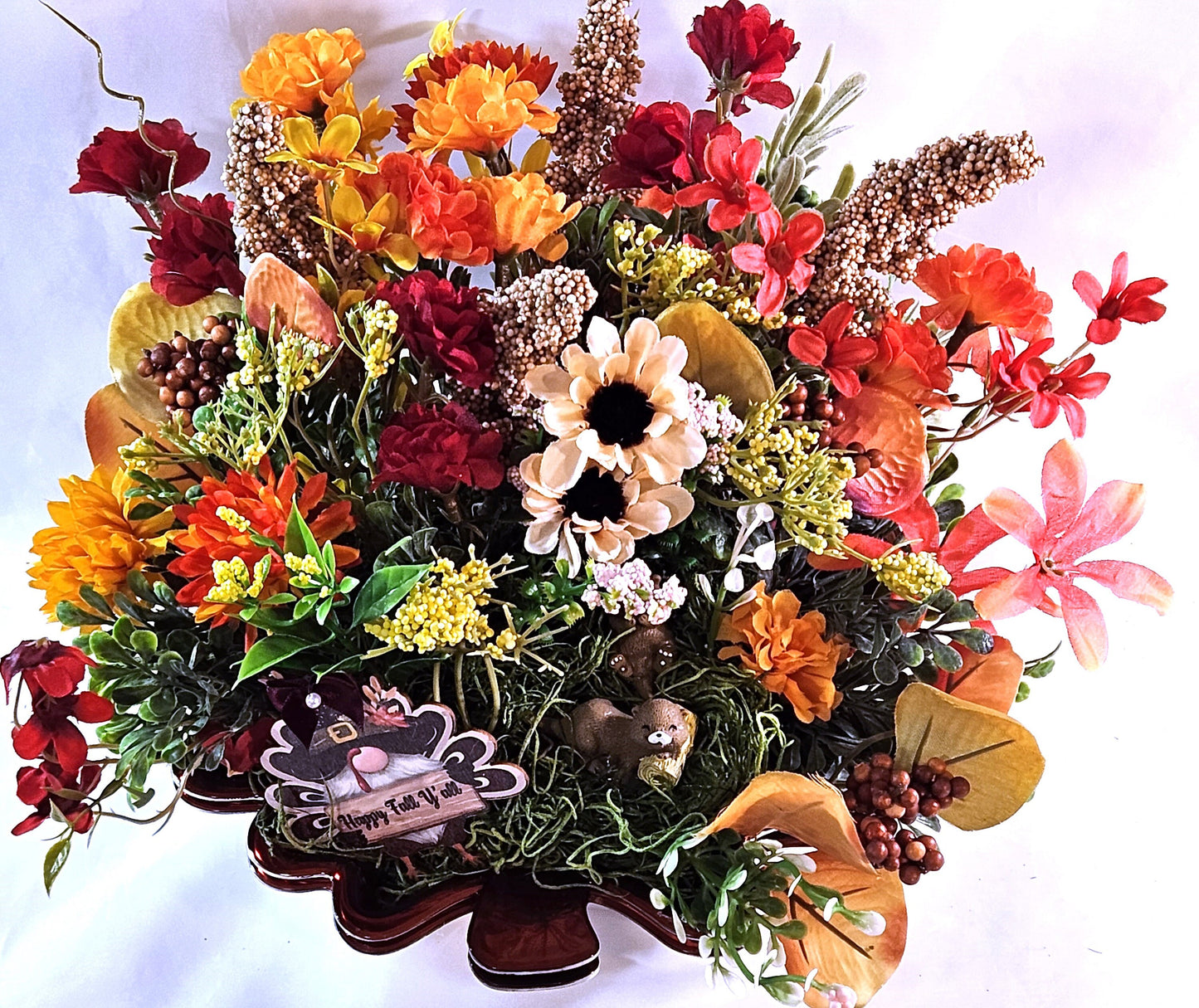 Autumn Fall Garden Arrangement in Maple Leaf Tray with Cute Otters, Great Fall Gift or Home/Office Decor