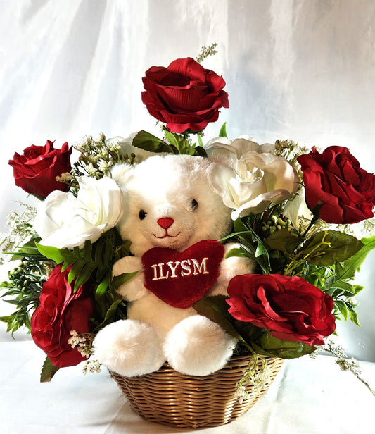 Adorable ILYSM Heart Bear Valentine Flower Arrangement - Red and White Roses and Baby's Breath in a Basket