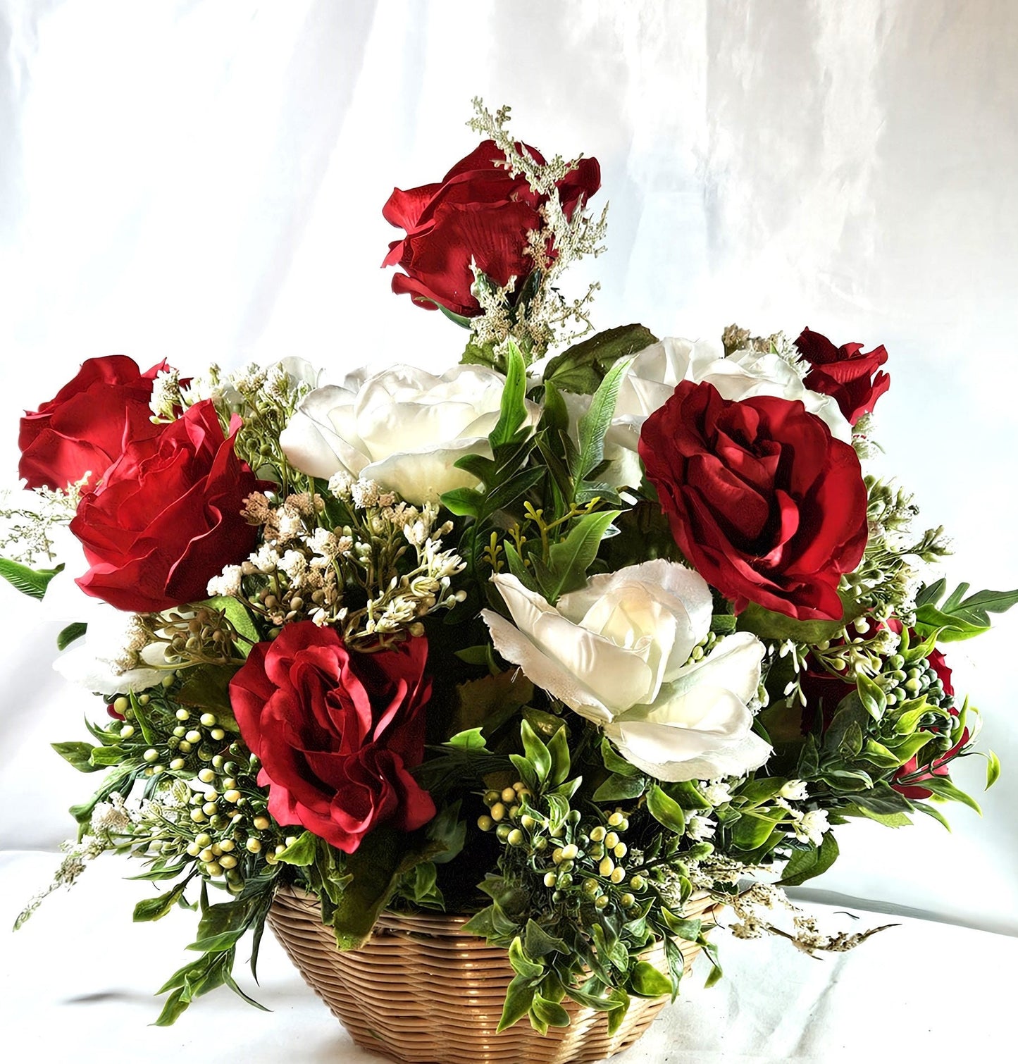Adorable ILYSM Heart Bear Valentine Flower Arrangement - Red and White Roses and Baby's Breath in a Basket