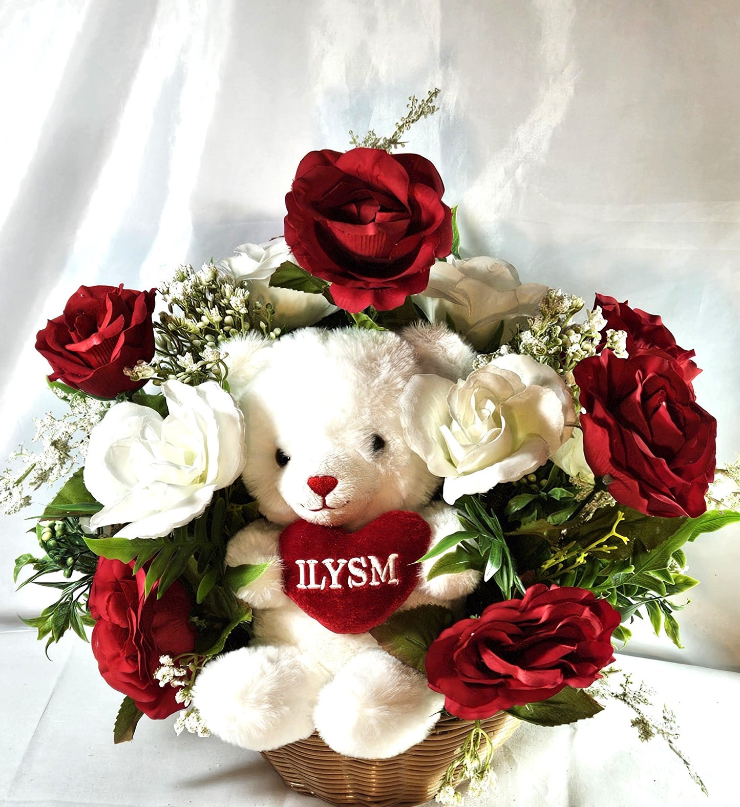 Adorable ILYSM Heart Bear Valentine Flower Arrangement - Red and White Roses and Baby's Breath in a Basket