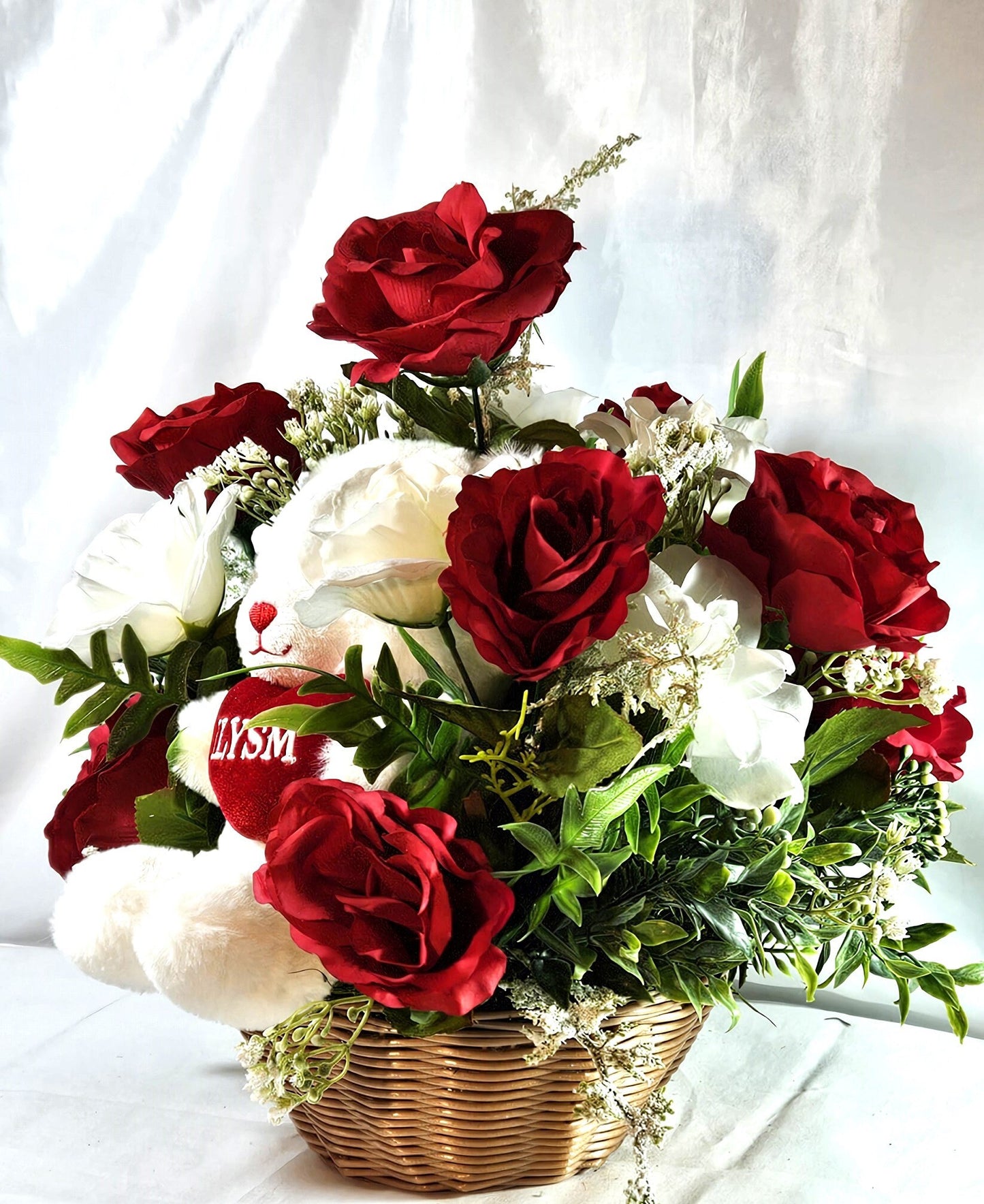 Adorable ILYSM Heart Bear Valentine Flower Arrangement - Red and White Roses and Baby's Breath in a Basket
