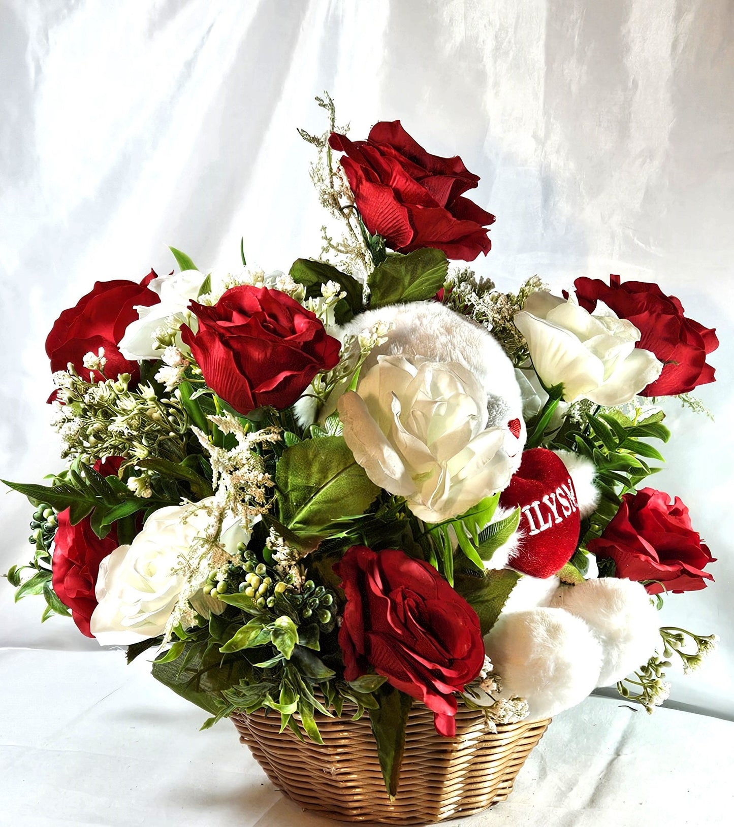 Adorable ILYSM Heart Bear Valentine Flower Arrangement - Red and White Roses and Baby's Breath in a Basket