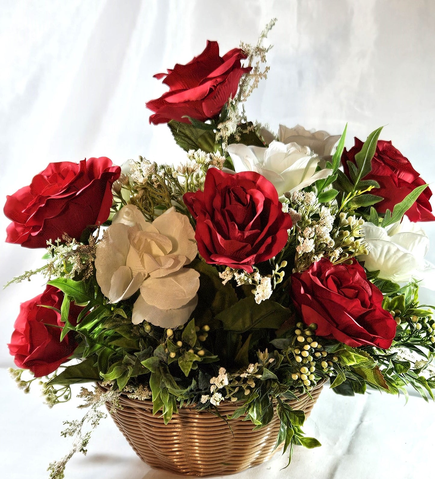 Adorable ILYSM Heart Bear Valentine Flower Arrangement - Red and White Roses and Baby's Breath in a Basket