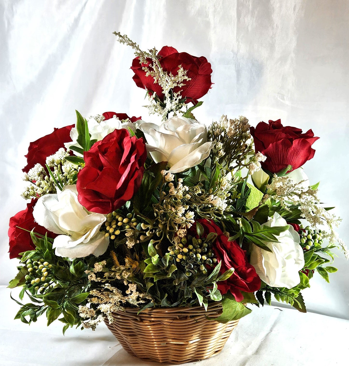 Adorable ILYSM Heart Bear Valentine Flower Arrangement - Red and White Roses and Baby's Breath in a Basket