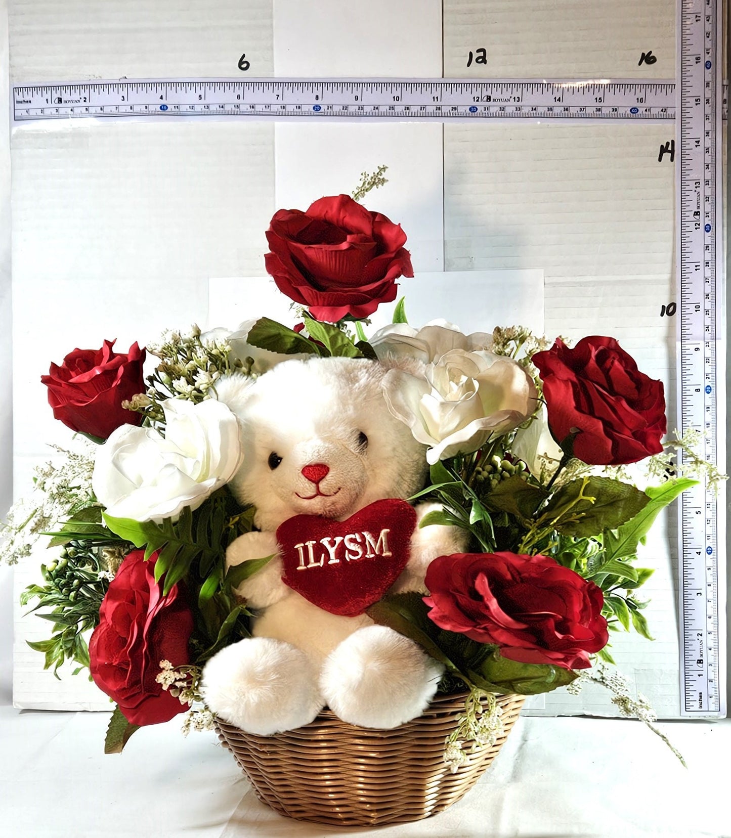 Adorable ILYSM Heart Bear Valentine Flower Arrangement - Red and White Roses and Baby's Breath in a Basket
