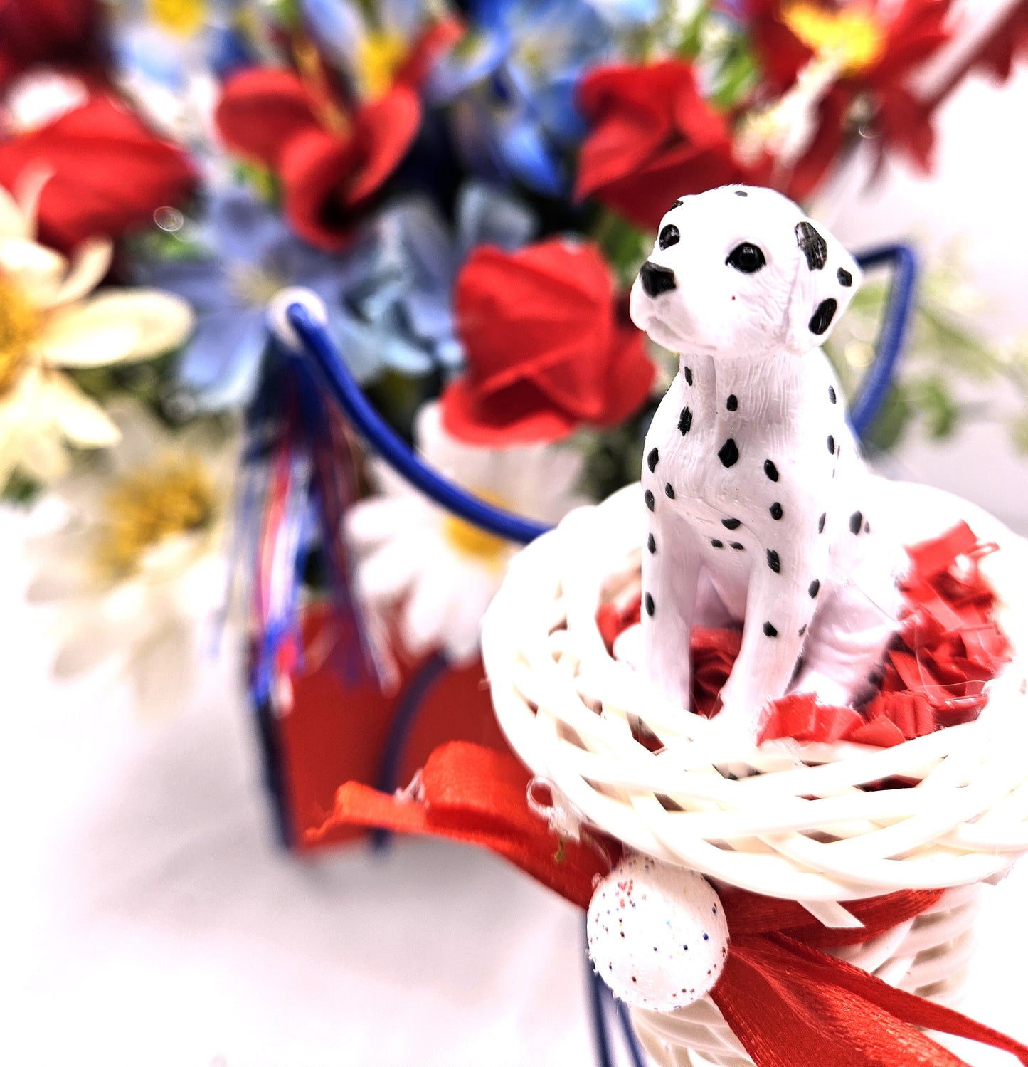 Americana Flower Arrangement Set in Bicycle Container with Red/White/Blue Flowers, sparkly Firecrackers and Stars, Basket with Dalmatian Dog