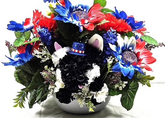 Black and White Silk Carnation Flower Dog Decor, Red/White/Blue Floral Garden, Patriotic Gift, Dog Lover Decor