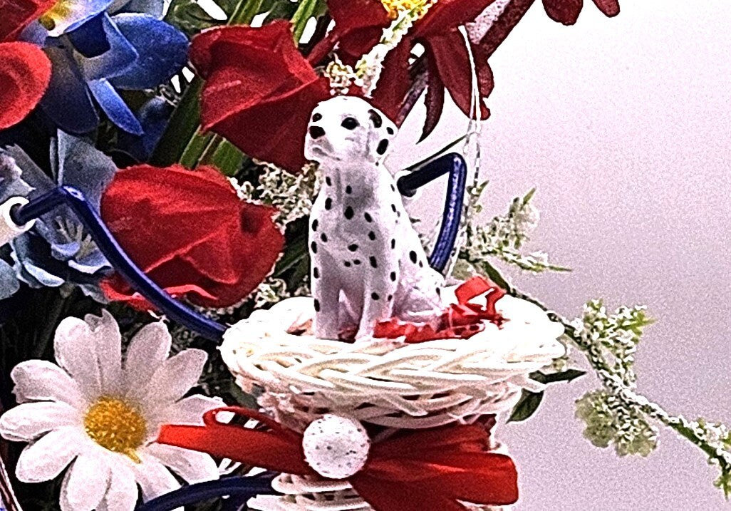 Americana Flower Arrangement Set in Bicycle Container with Red/White/Blue Flowers, sparkly Firecrackers and Stars, Basket with Dalmatian Dog