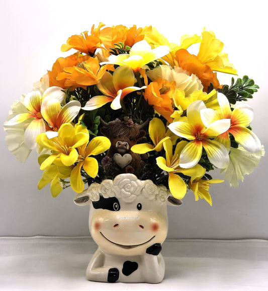 Adorable Cow Ceramic Flower Arranngement, Whimsical Cow Adorned with peach/orange/yellow Lilies/Cosmos/Petunias, Cow Lover Gift, Farmhouse