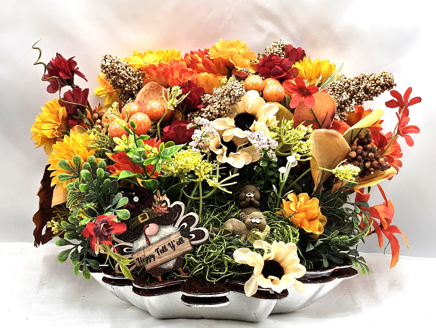 Autumn Fall Garden Arrangement in Maple Leaf Tray with Cute Otters, Great Fall Gift or Home/Office Decor