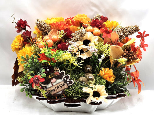 Autumn Fall Garden Arrangement in Maple Leaf Tray with Cute Otters, Great Fall Gift or Home/Office Decor