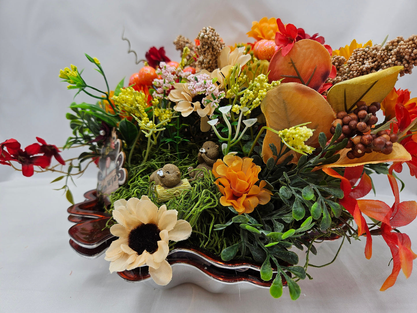 Autumn Fall Garden Arrangement in Maple Leaf Tray with Cute Otters, Great Fall Gift or Home/Office Decor