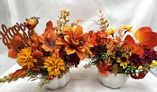 Autumn Fall Artificial Flower Arrangements in  white ceramic pumpkin bowl/2 Options/Pumpkins, Glitter, Wheat Sprays/ Happy Fall Sign