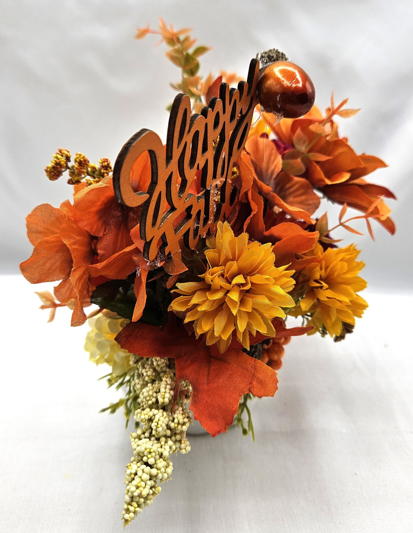 Autumn Fall Artificial Flower Arrangements in  white ceramic pumpkin bowl/2 Options/Pumpkins, Glitter, Wheat Sprays/ Happy Fall Sign