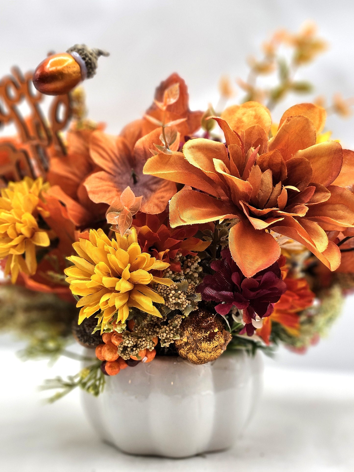 Autumn Fall Artificial Flower Arrangements in  white ceramic pumpkin bowl/2 Options/Pumpkins, Glitter, Wheat Sprays/ Happy Fall Sign