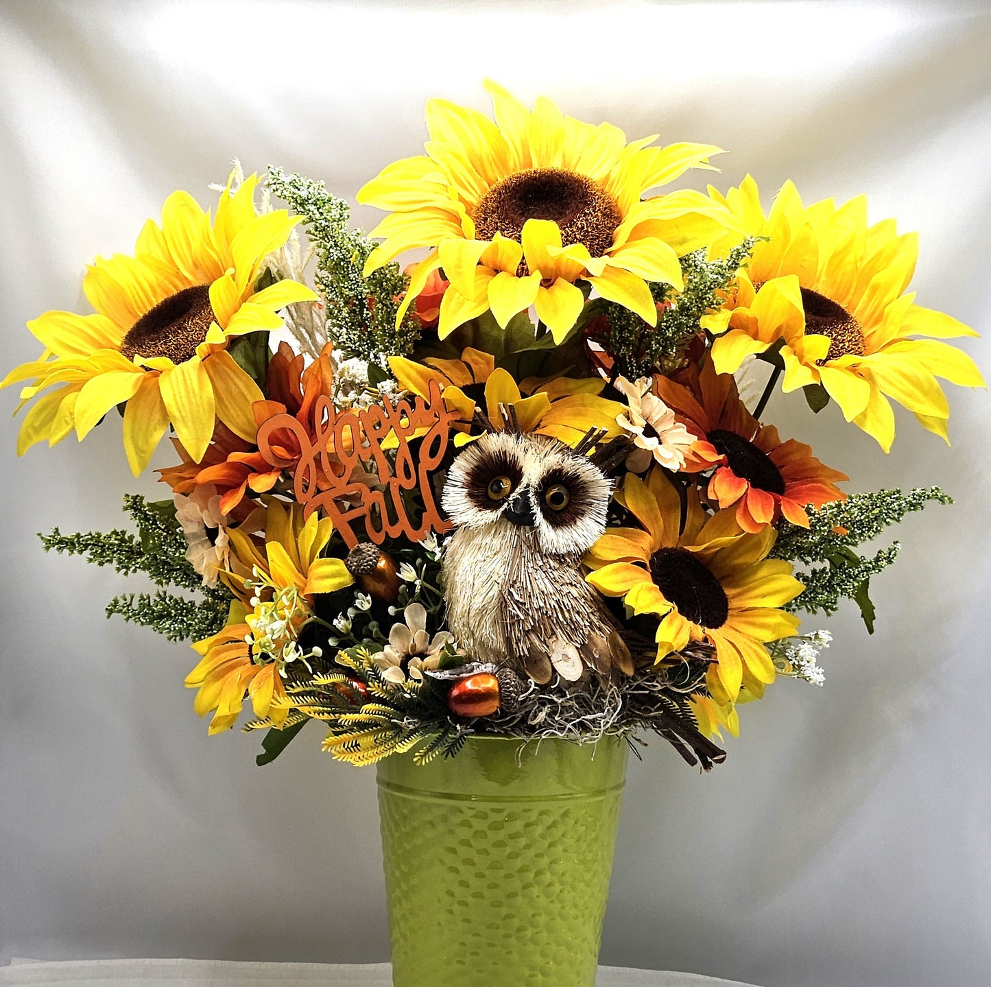 Fall Autumn Flower Arrangement, "Happy Fall" Sign with Owl Accent, Large Sunflowers, Fall Centerpiece, Home Decor', Fall Party Decor