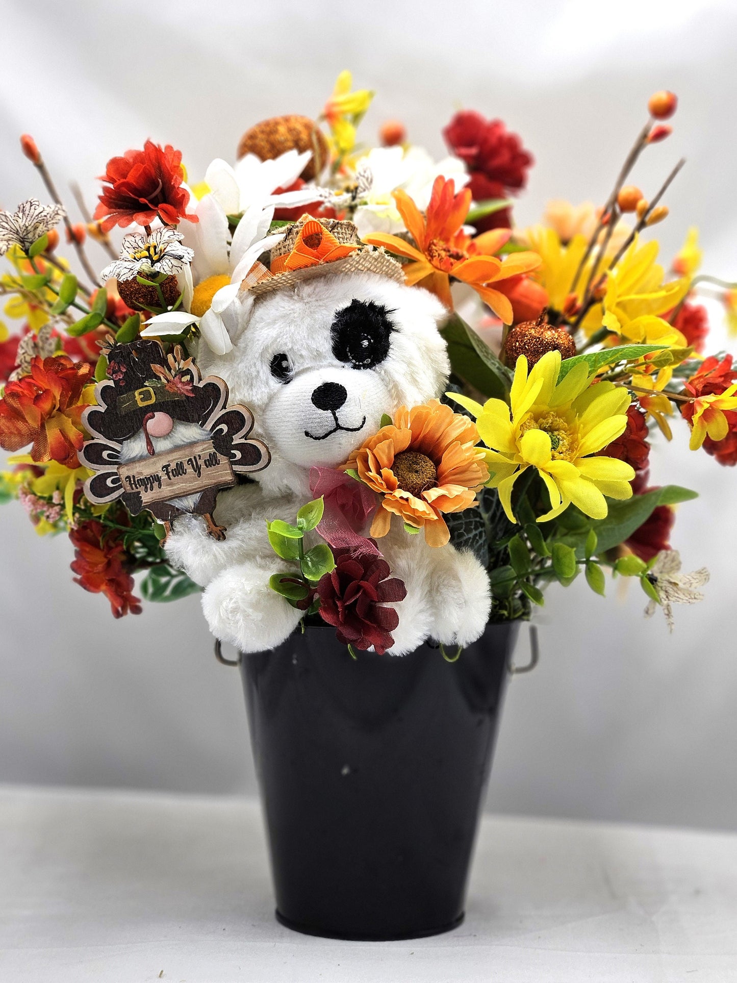 Autumn Fall Flower Arrangement With Cute Puppy Wearing Straw Hat, Sitting in