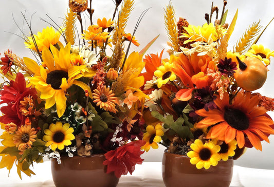 Autumn Fall Flower Arrangement in a Ceramic Acorn Nut Bowl, Large Yellow or Orange Sunflowers, Other Fall Flowers, Wheat, Accents, 2 Options